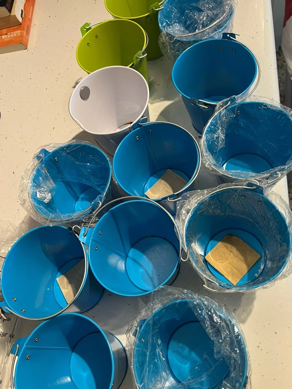 Blue, White & Lime Small Metal Party Buckets - Set of Decorative Pails